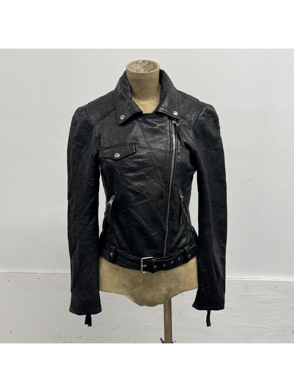 Vintage Zara Black Sheep Leather Belted Moto Jacket S